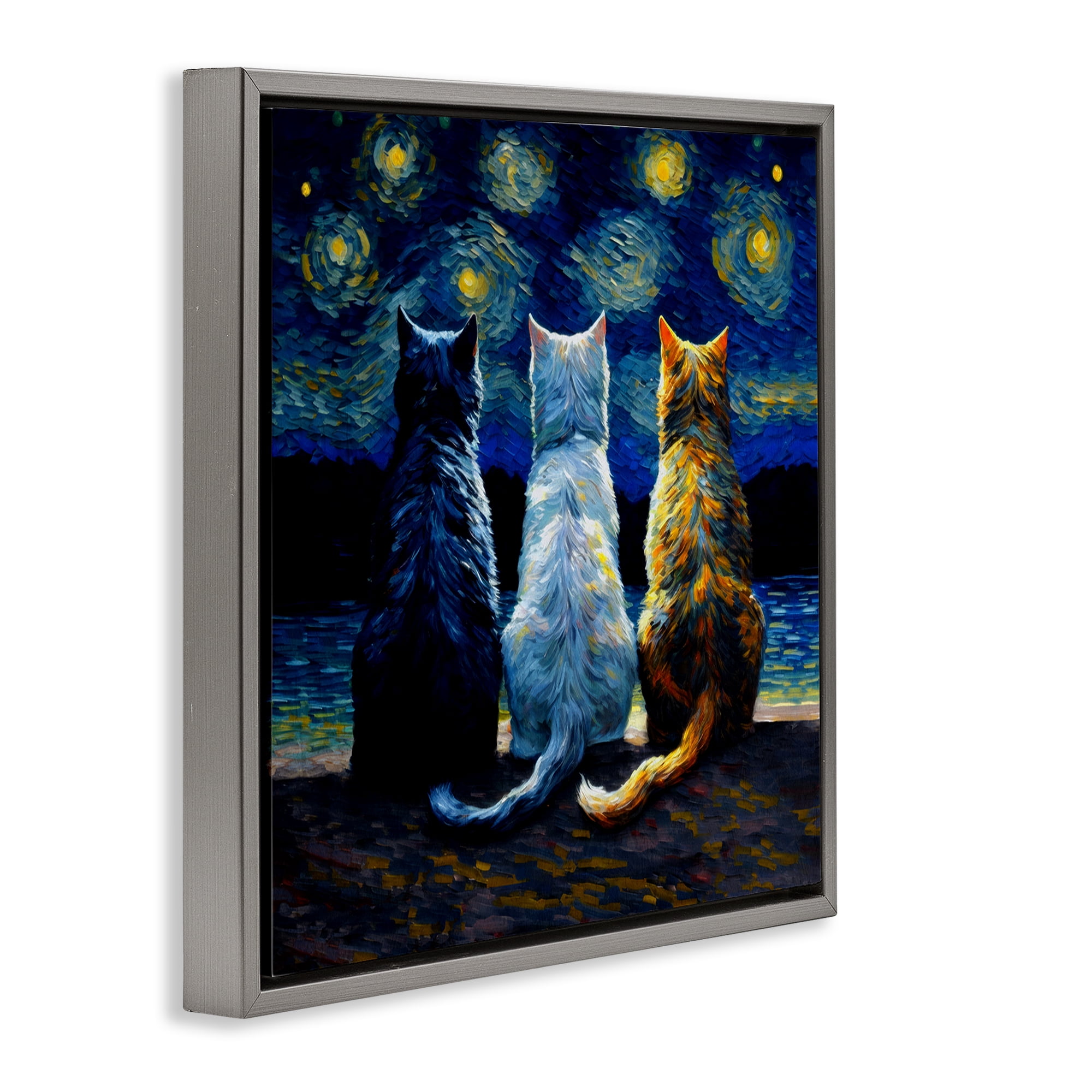 Stupell Industries Van Gogh Style Cats Animals Painting Gray Floater Framed Canvas Art Print Wall Art, 25 x 25