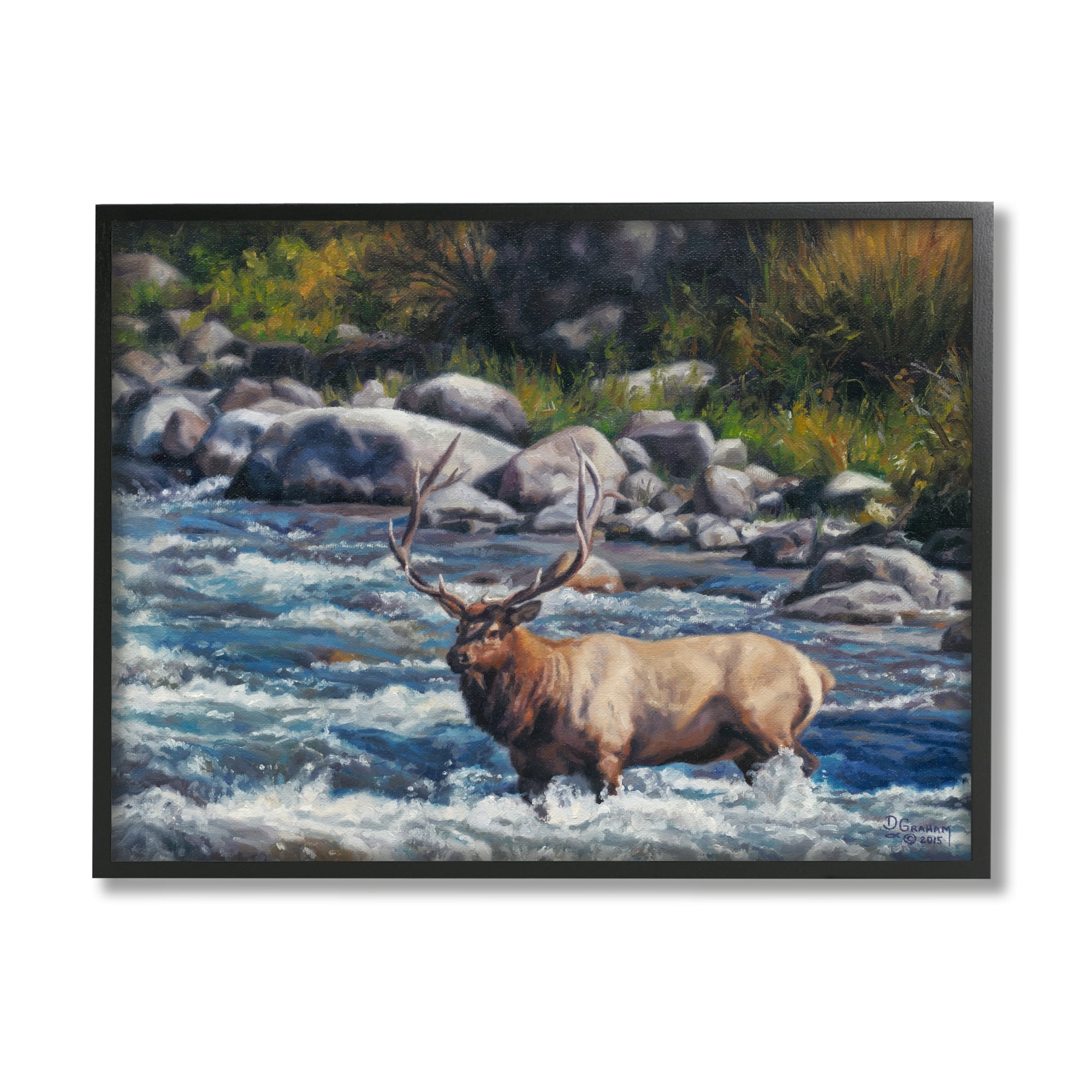 Stupell Industries Crossing The Rapids Elk Wildlife Animals & Insects Painting White Framed Art Print Wall Art