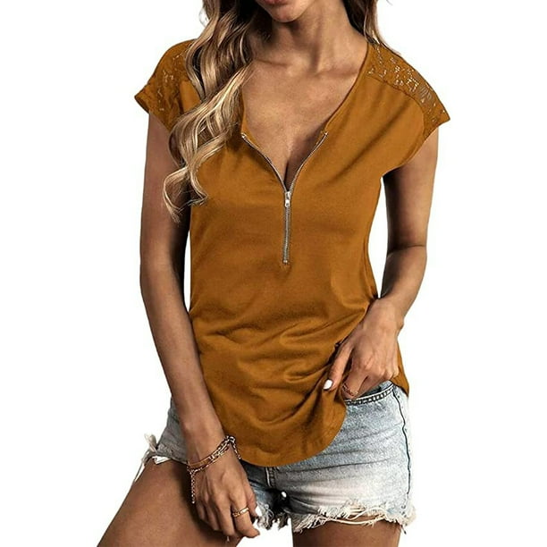 Camiseta de manga corta para mujer, cuello redondo, Semi cremallera, costura de encaje, versión suelta para mujer