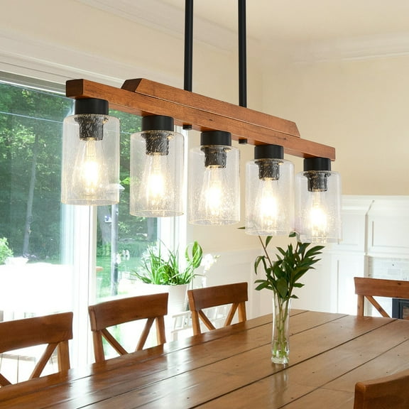 35-inch Farmhouse Chandelier, 5-Light Adjustable Pendant Light with Wood and Seed Glass Shades, Rustic Kitchen Island Lighting for Dining Room