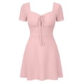thumbnail image 5 of ClodeEU Women's Square Neck Front Tie Short Sleeve Mini Dress,Casual Slim Waist Flared A Line Sundress Pink,Women's Plus S, 5 of 6