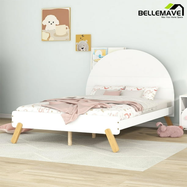 Bellemave White Full Size Platform Bed With Cute Curved Headboard for