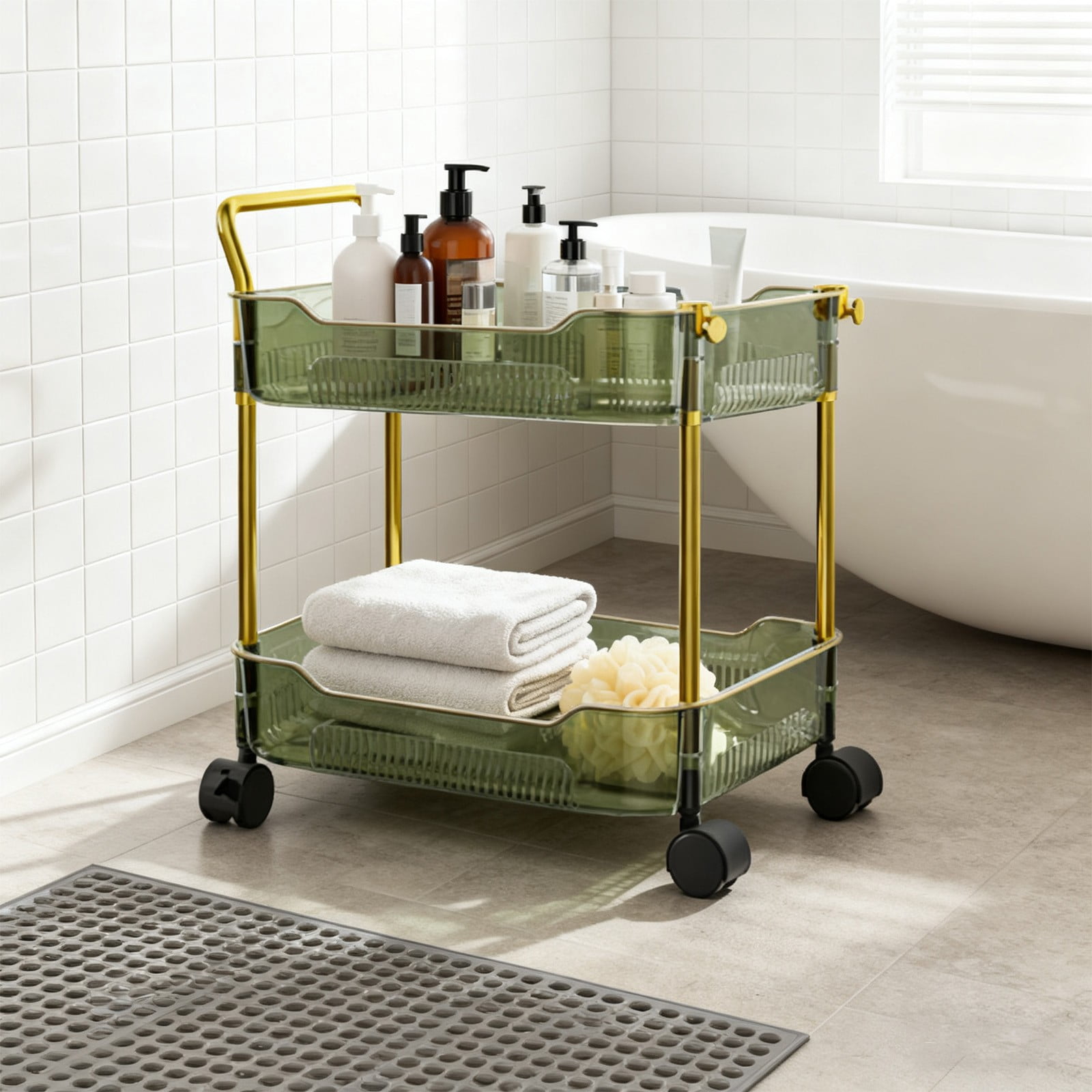 HOZVOMI Two Tier Transparent Rolling Cart with Locking Wheels - Multifunctional Storage Trolley for Kitchen, Office, and Bedroom - Easy Assembly, 10in Height