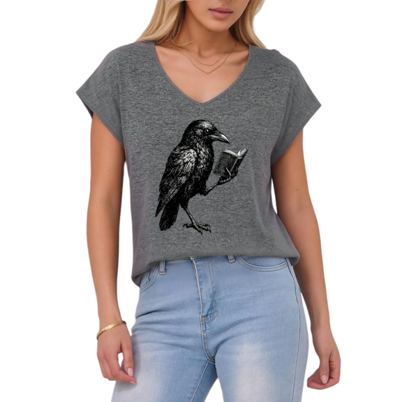 Giffimy Women's Grey Vintage Engraved Reading Crow Book Graphic V-Neck Sleeveless T-Shirt S-5XL Dark Academia Daily Tank Top