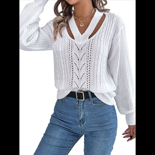Suéter Informal de Cuello en V Ahuecado para Mujer, Suéter de Punto de Larga, Suéteres Superiores. S