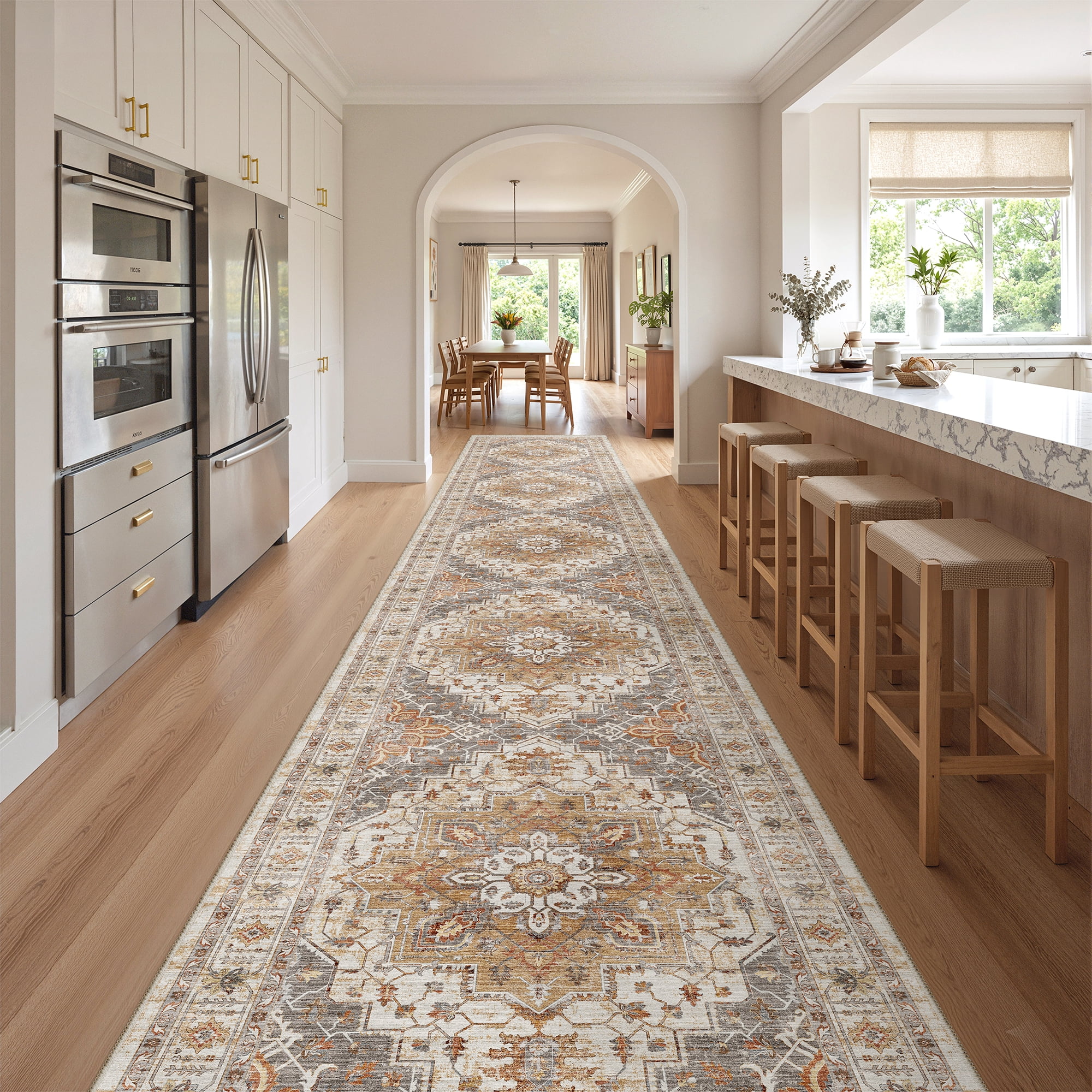 oxstand 2'x12' Washable Runner Rug for Hallway Entrance Bedroom Entryway, Vintage Non Slip Stain Resistant Kitchen Rugs, Turmeric