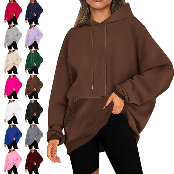 SYwaren Casual Hoodie for Women Oversized Drawstring Long Sleeve Winter Sweatshirt with Pockets Solid Color Tops