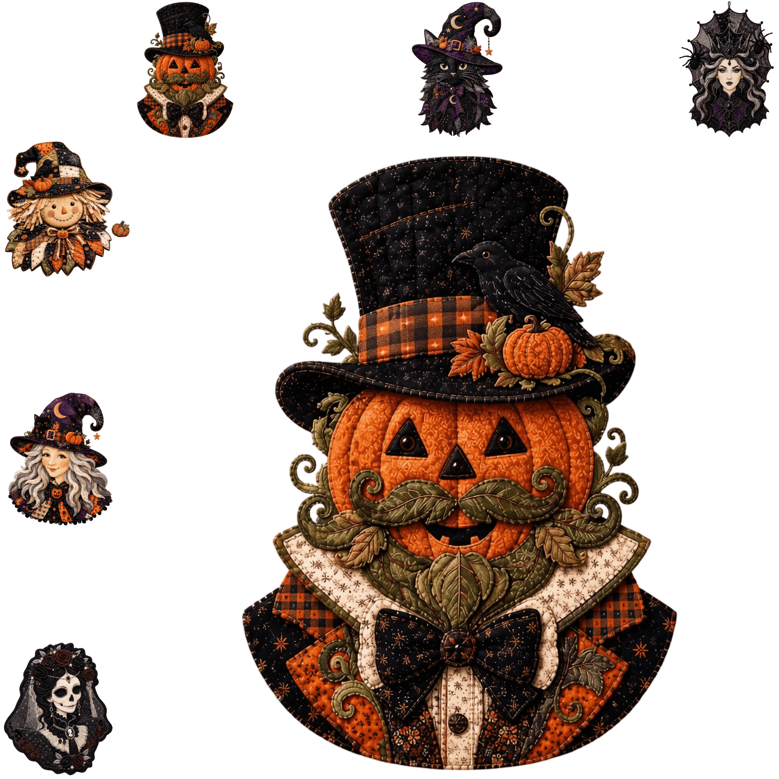 Halloween Patchwork Quilting Fabric Kit Halloween Decorations Indoor Halloween Character Patchwork DIY Kit Farmhouse Fall Motif Quilting Fabric DIY Sewing Kit for Intermediate Beginner Hobbyists-D