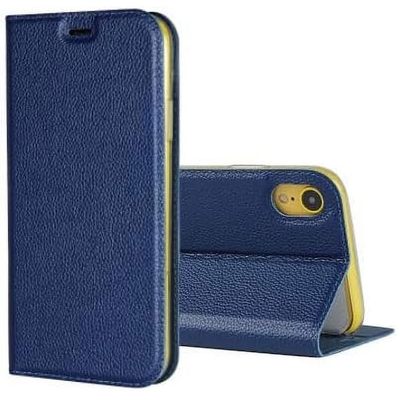Genuine Leather Case Slim Folio Book Cover with Credit Card Slots,Kickstand Feature Stand Holder,Magnetic Closure [TPU Shockproof Interior Protective Case] for Apple iPhone XR,Blue