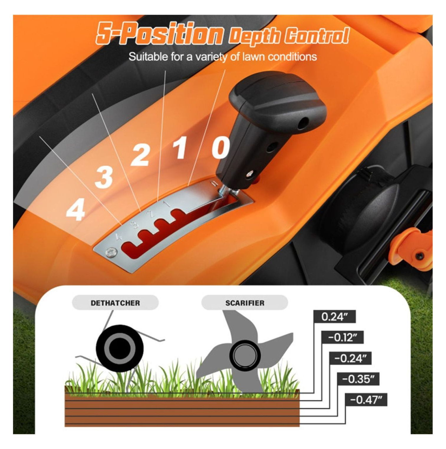 Electric Lawn Dethatcher, 16-Inch Corded Scarifier - 2-in-1 Adjustable Depth, Large Bag, Folding Design for Home Lawn Care - Orange