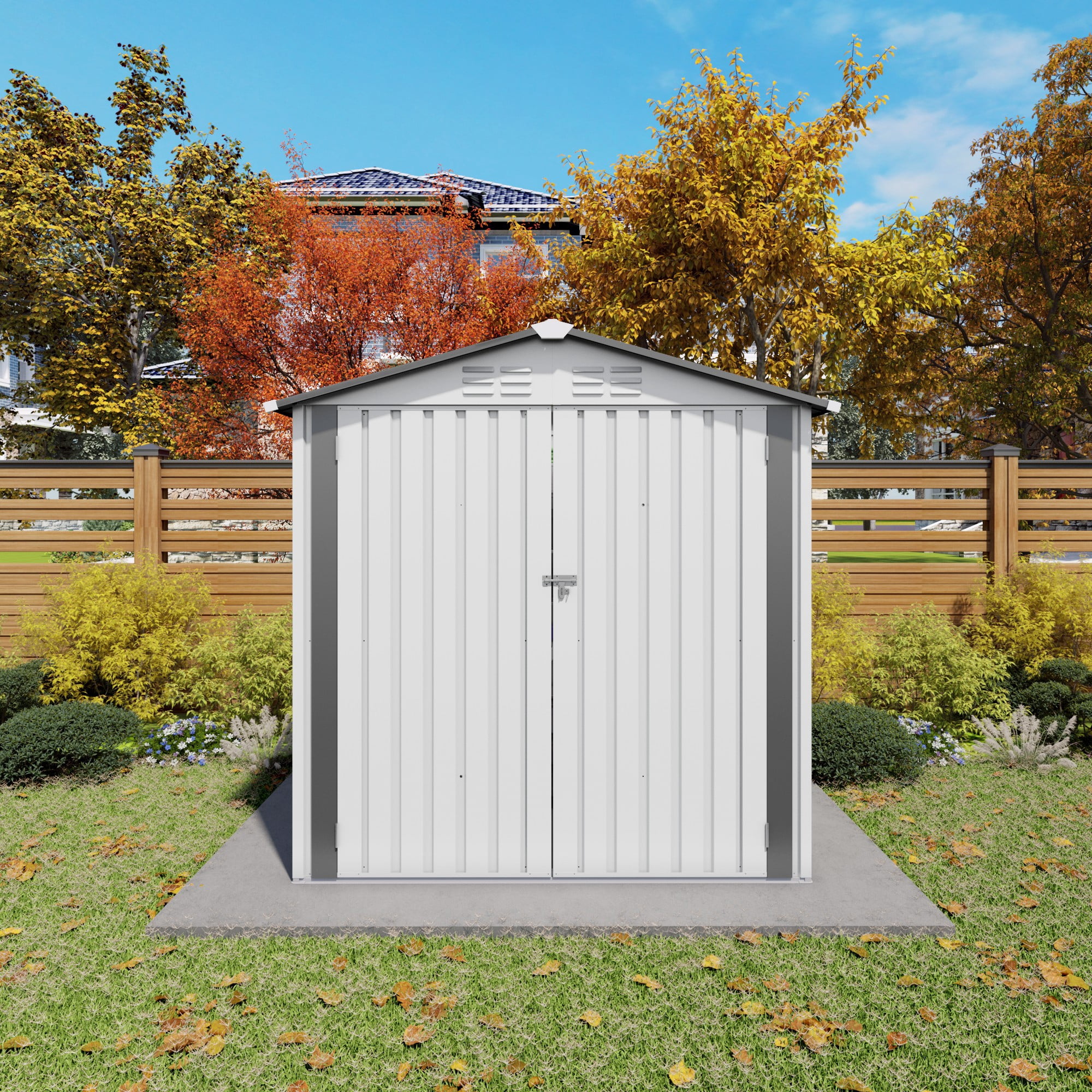 Aukfa 6x3.6 FT Outdoor Storage Shed with Lockable Door & Peaked Roof, Waterproof Garden Shed, Compact Metal Shed for Backyard, Patio, Bike & Tool Storage, White