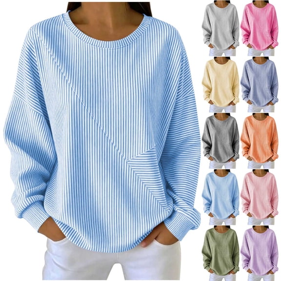 AKOEE Striped Sweatshirts for Women Crewneck Baggy Pullover Long Sleeve Tops Casual Loose Fall Winter Sweaters (XL, Light Blue)