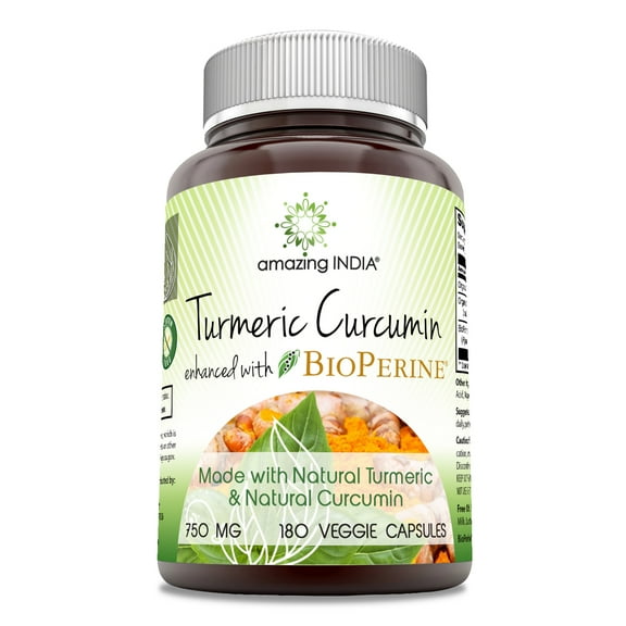 Amazing India Turmeric Curcumin with Bioperine 750 mg Per Serving 180 Veggie Capsules Supplement | Non-GMO | Gluten Free | Made in USA