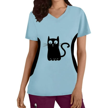 

Women Cats Printed Scrubs Top Plus Size Top V-Neck Short Sleeve Working Uniform Nurses Clothing Workwear Blouse Female Clothes
