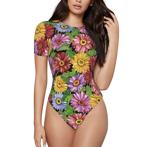 Fotbe Daisies Flowers Body de Mujer con Cuello Redondo y Mangas Cortas, Sin Mangas Ajustado, Suave, Cómodo y Básico-Large