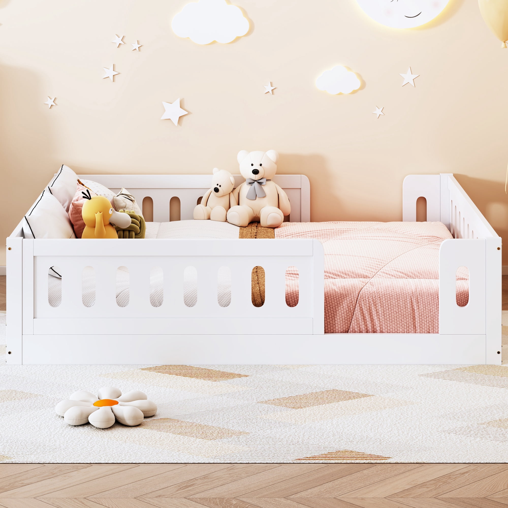 Wood Full Size Platform Bed with Guardrail, White