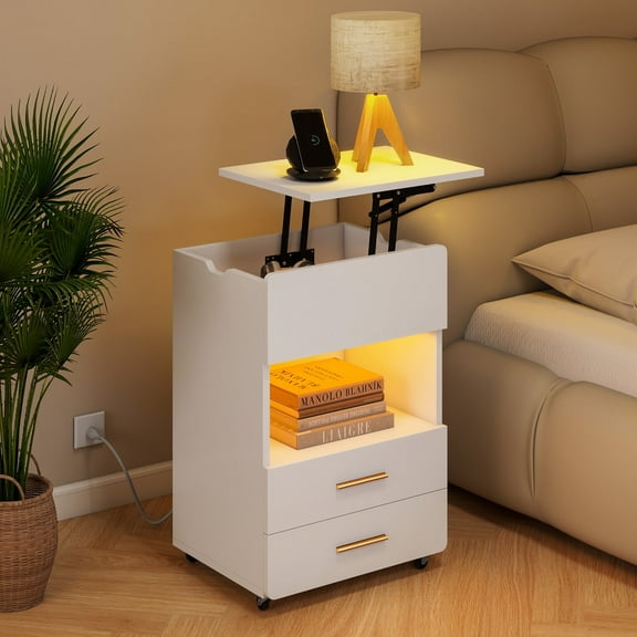 DWVO White LED Nightstand with Charging Station, Lift Top Bedside Table with Drawers