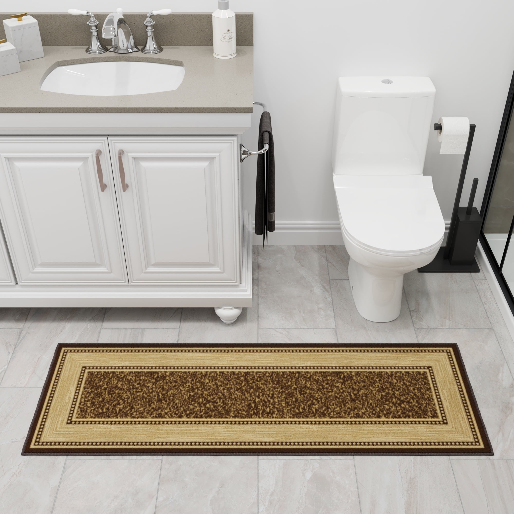 Ottomanson Border Bathroom Runner Rug 20" x 53" - Non Slip Low Pile Carpet, Brown