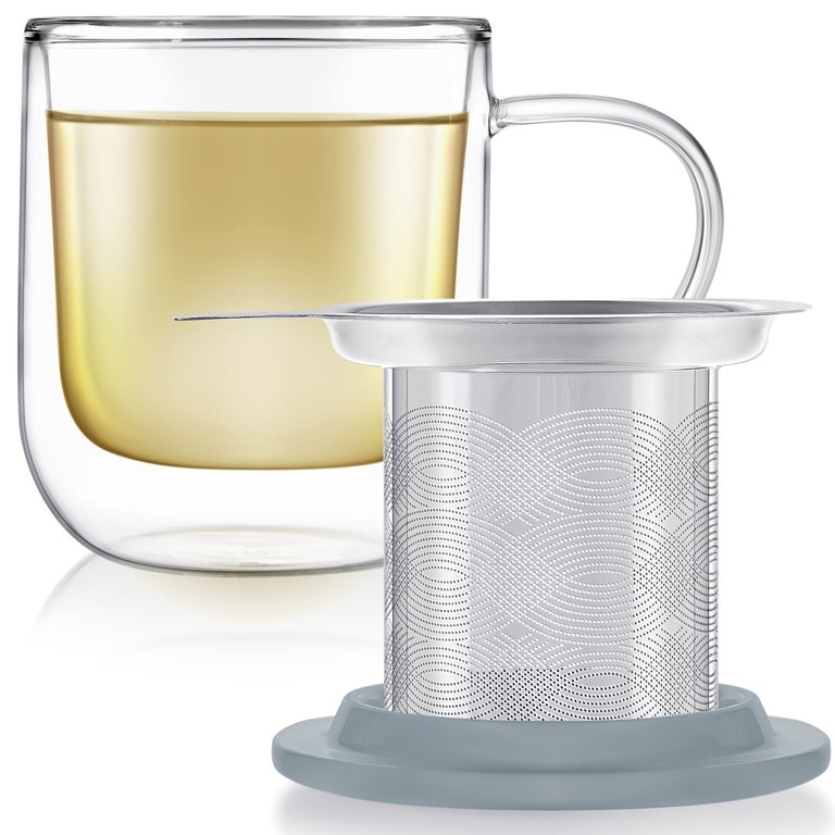 Teabloom Radiance Double Wall Glass Mug with Infuser & LID/COASTER-Hazy Blue