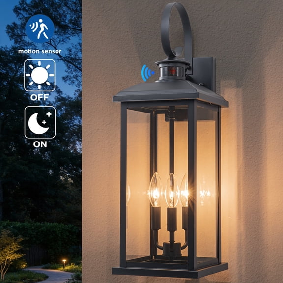 C Cattleya 23.75inch 3-Light Motion Sensor and Dusk to Dawn Outdoor Wall Lantern with Clear Tempered Glass