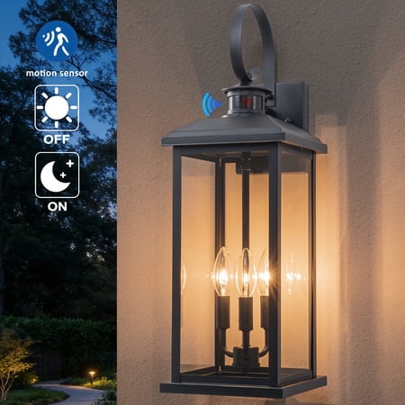 C Cattleya 23.75inch 3-Light Motion Sensor and Dusk to Dawn Outdoor Wall Lantern with Clear Tempered Glass