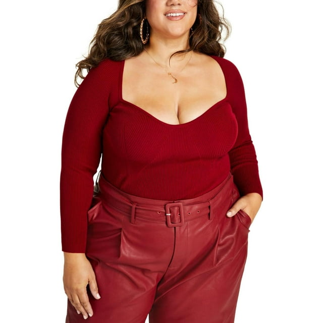 Nina Parker Womens Ribbed Fitted Sweetheart Pullover Sweater, Red, Plus Size, 2X
