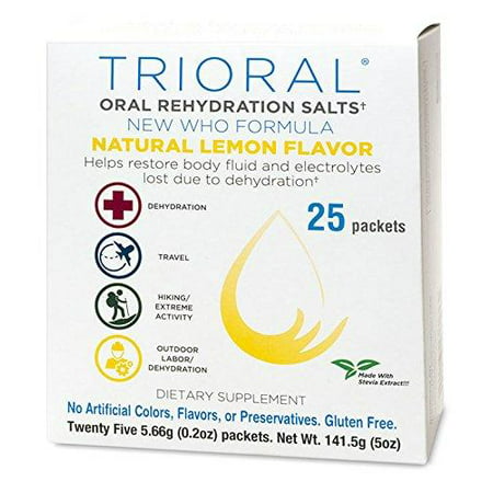 TRIORAL Natural Lemon w/Stevia Oral Rehydration Salts (World Health Organization (WHO) New Formula for Food Poisoning, Hangover Prevention and Relief, Dehydration from Diarrhea (25 Packets/Box)