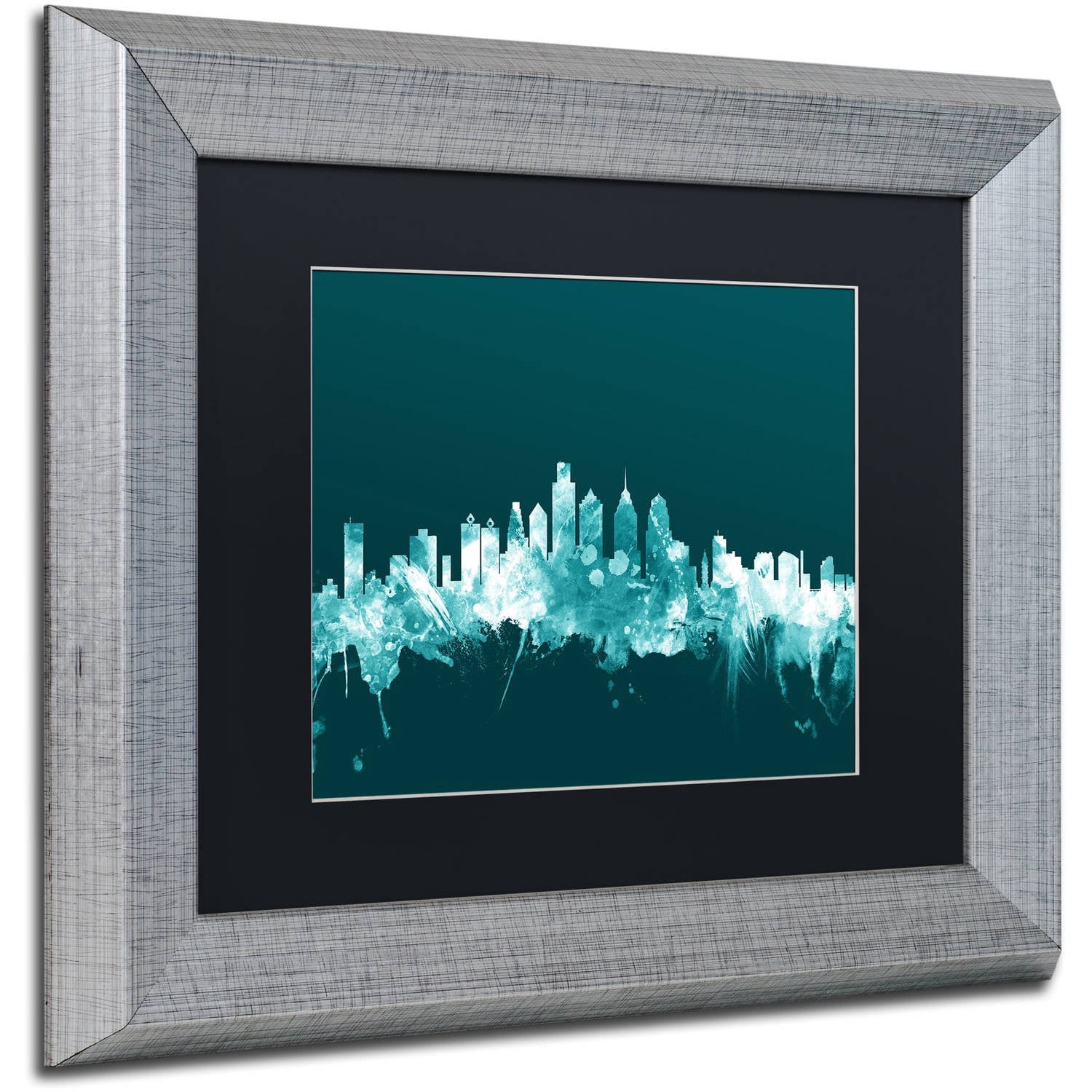 Trademark Fine Art "Philadelphia PA Skyline Teal" Canvas Art by Michael Tompsett, Black Matte, Silver Frame