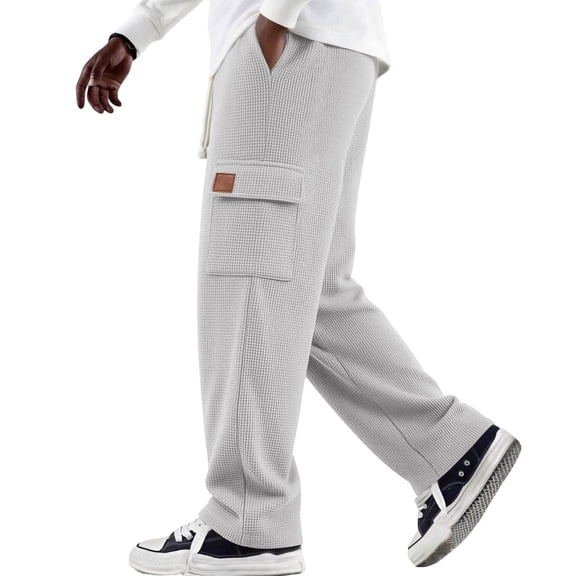 Resicozy Waffle Cargo Pants for Men Drawstring Wide Leg Baggy Lightweight Sweatpants Lounge Breathable Elastic Waist Pants White 2XL