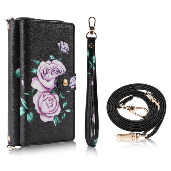 for iPhone 17 Case Detachable Wallet with RFID Blocking Card Holder Colored Drawing PU Leather Magnetic Snap Flip Zipper Wrist Shoulder Strap Kickstand Phone Case Women Girls, Black