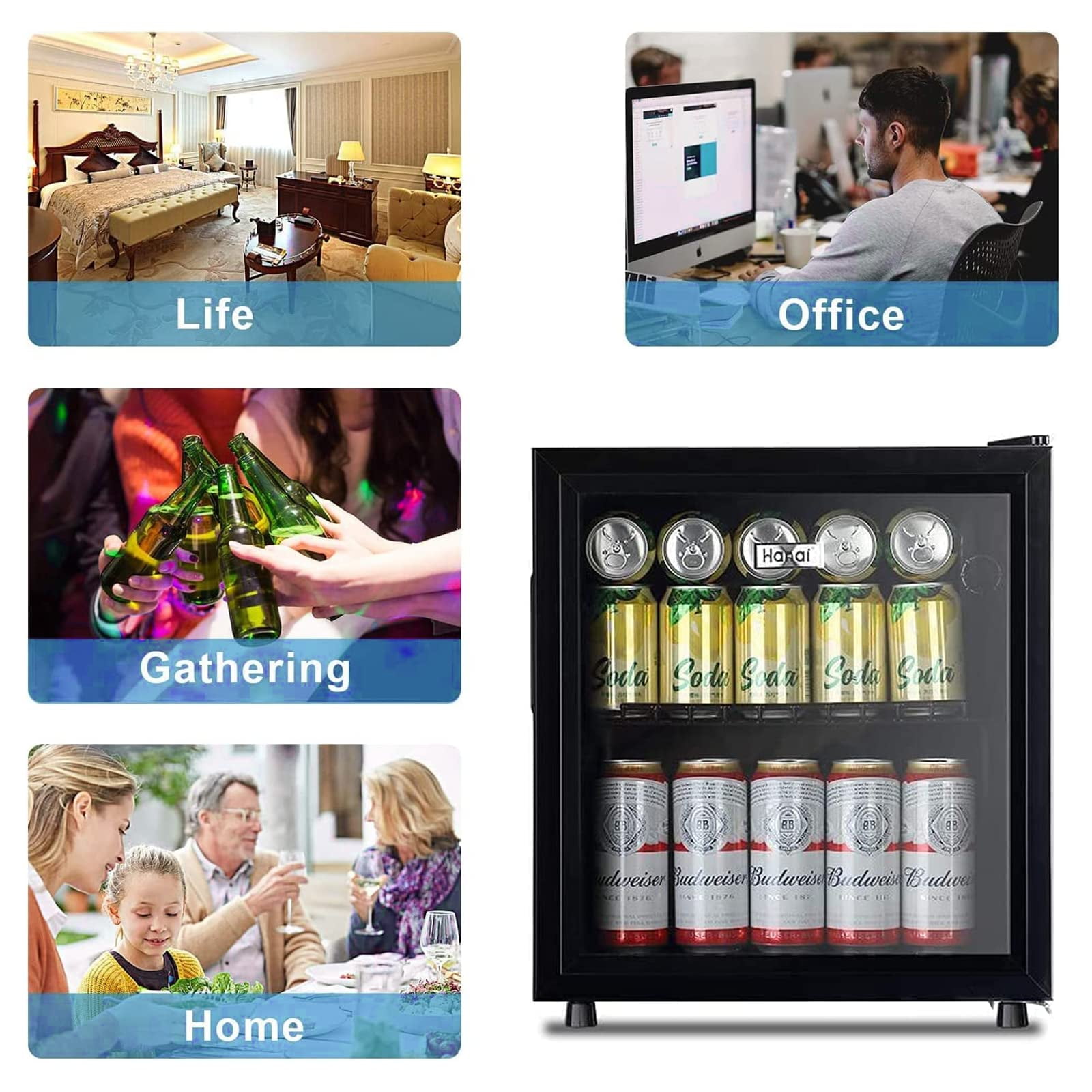 62-Can Beverage Cooler and Refrigerator, Small Mini Fridge for Home, Office or Bar with Glass Door and Adjustable Removable Shelves，Perfect for Soda Beer or Wine, Stainless Steel, 1.6 Cu.Ft.