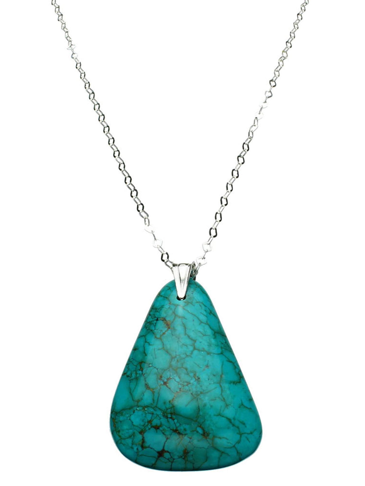 Simulated Turquoise Stone Pendant Flat Link Chain Necklace Sterling