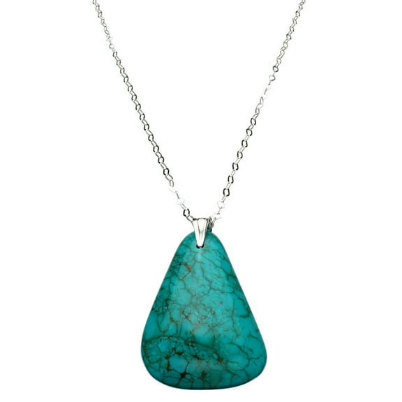 Simulated Turquoise Stone Pendant Flat Link Chain Necklace Sterling Silver Bail 30 Inch