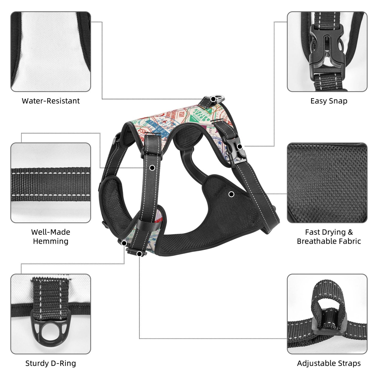 Fuzoiu Passport Stamp Print Reflective Dog Harness,Adjustable, Breathable Pet Vest,Dog Harness No Pull,No Choke Pet Vest for Small, Medium, and Large Dogs-Small