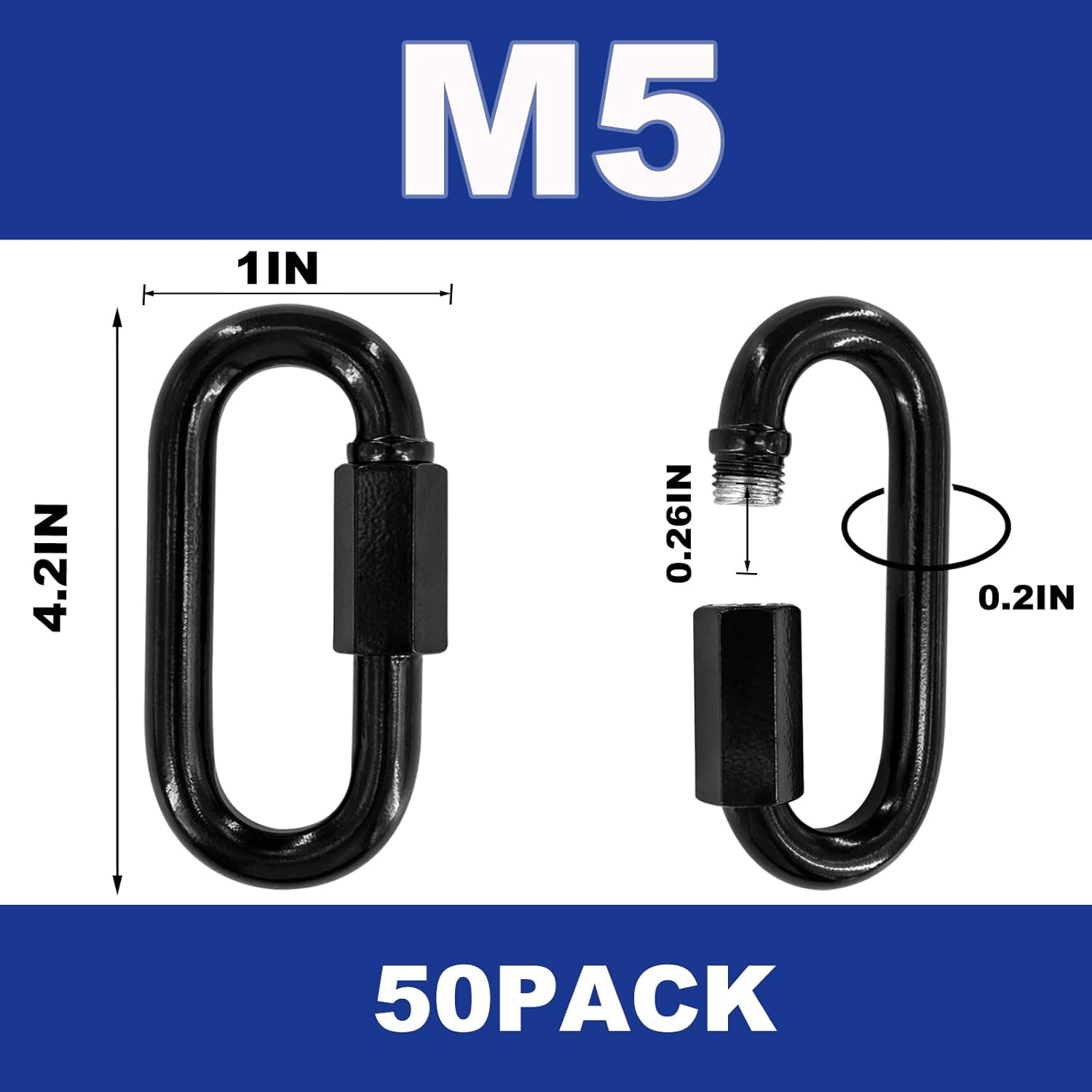 50PCS 2Inch Quick Links,Black Chain Connector Link,Screw Galvanized Steel Heavy Duty Chain Links, 3/16" M5 Locking Carabiners for Connecting Hammock, Key Chain, Pet Leash,Gym,Camping 650 Lbs