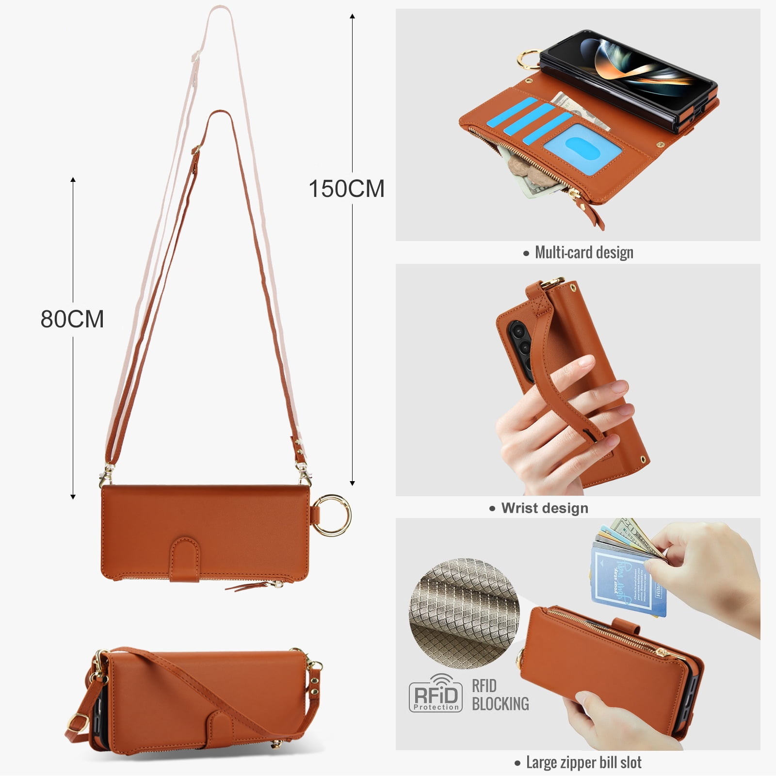 ELEHOLD For Samsung Galaxy Z Fold 4 Phone Case Leather Crossbody Zipper Card Wallet Flip Case Kickstand Cover, with Ring Holder,Full Body Protection-Brown