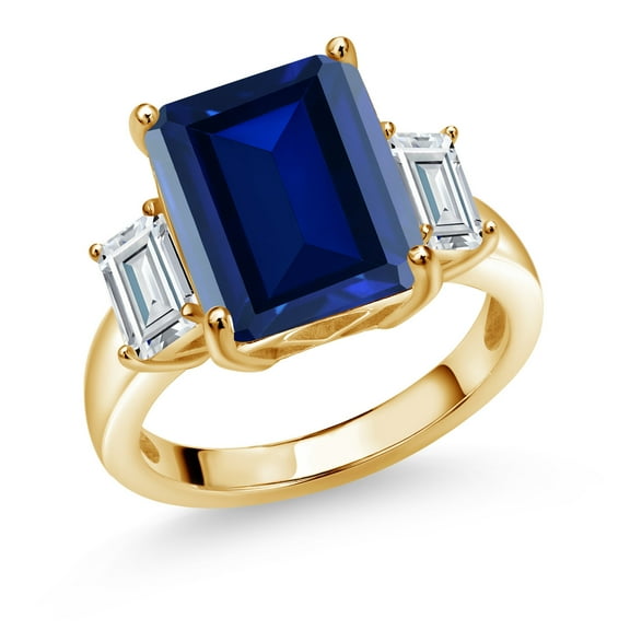Gem Stone King 18K Yellow Gold Plated Silver 3-Stone Ring Set with Octagon Blue Simulated Sapphire and Moissanite (7.86 Cttw, Size 5)