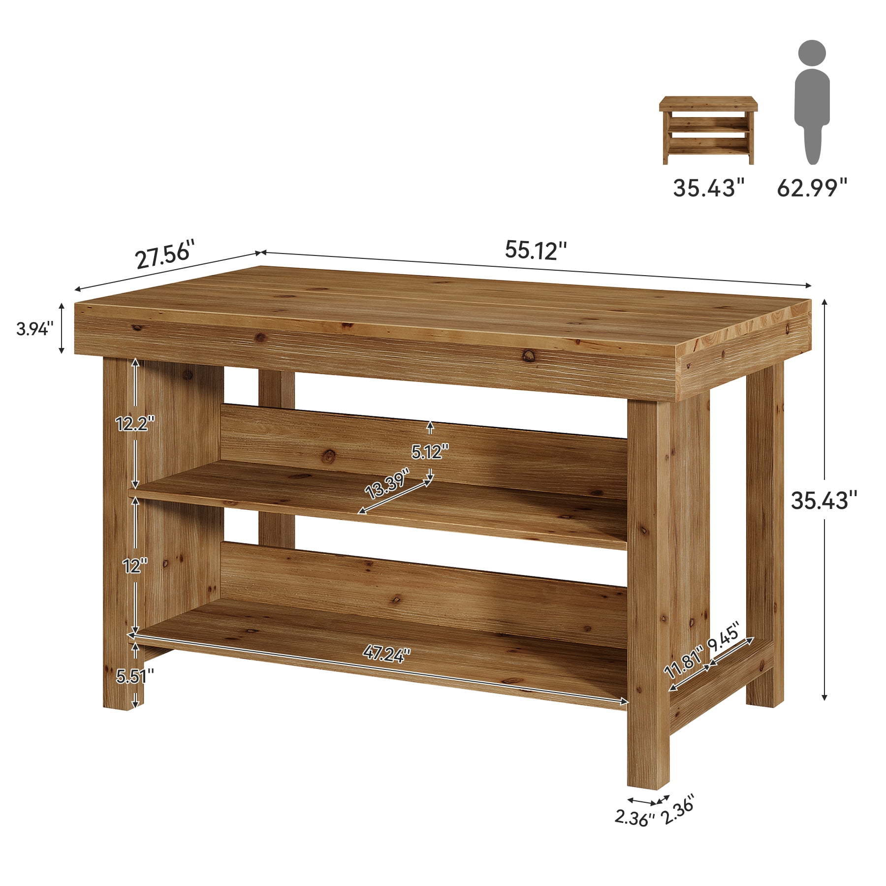 Fnova 55" 3-Tier Solid Wood Kitchen Island with Storage Shelf, Farmhouse Wooden Stationary Island Table with Large Worktop for Kitchen, Dining Room, Brown