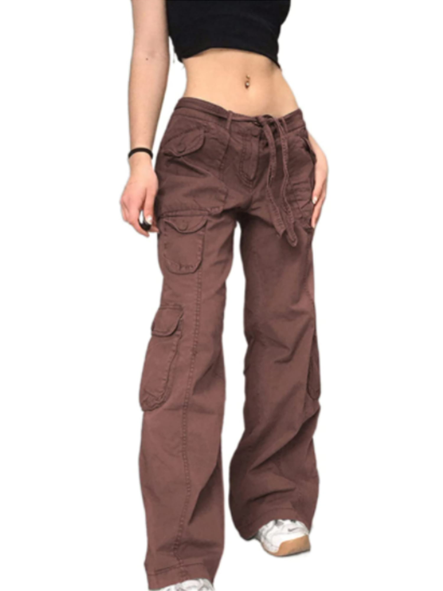 Suanret Women Baggy Jeans 90s Streetwear Vintage Straight Cargo Pants with  Pockets Low Waist Denim Trousers Brown L