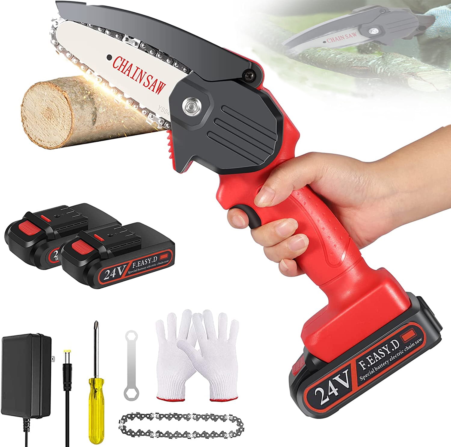 24V 4 inch Cordless Chainsaw with 2 Batteries and Charger, Lightweight
