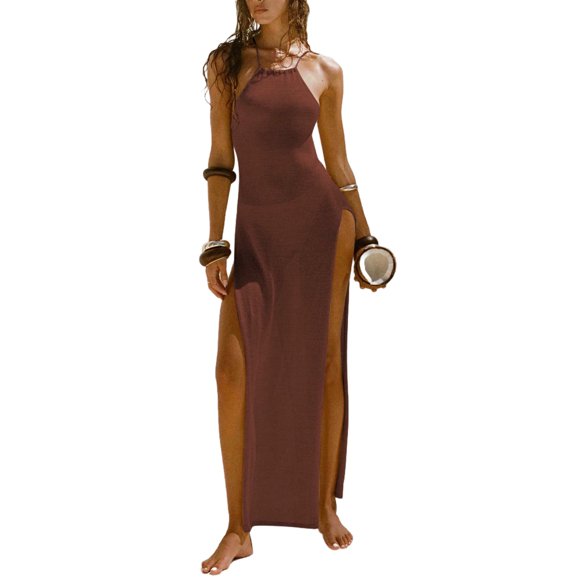 Besolor Women Summer Sundresses Sleeveless Halter Neck Backless Cami Dress Casual Loose Hem Side Split Vacation Beach Maxi Dresses