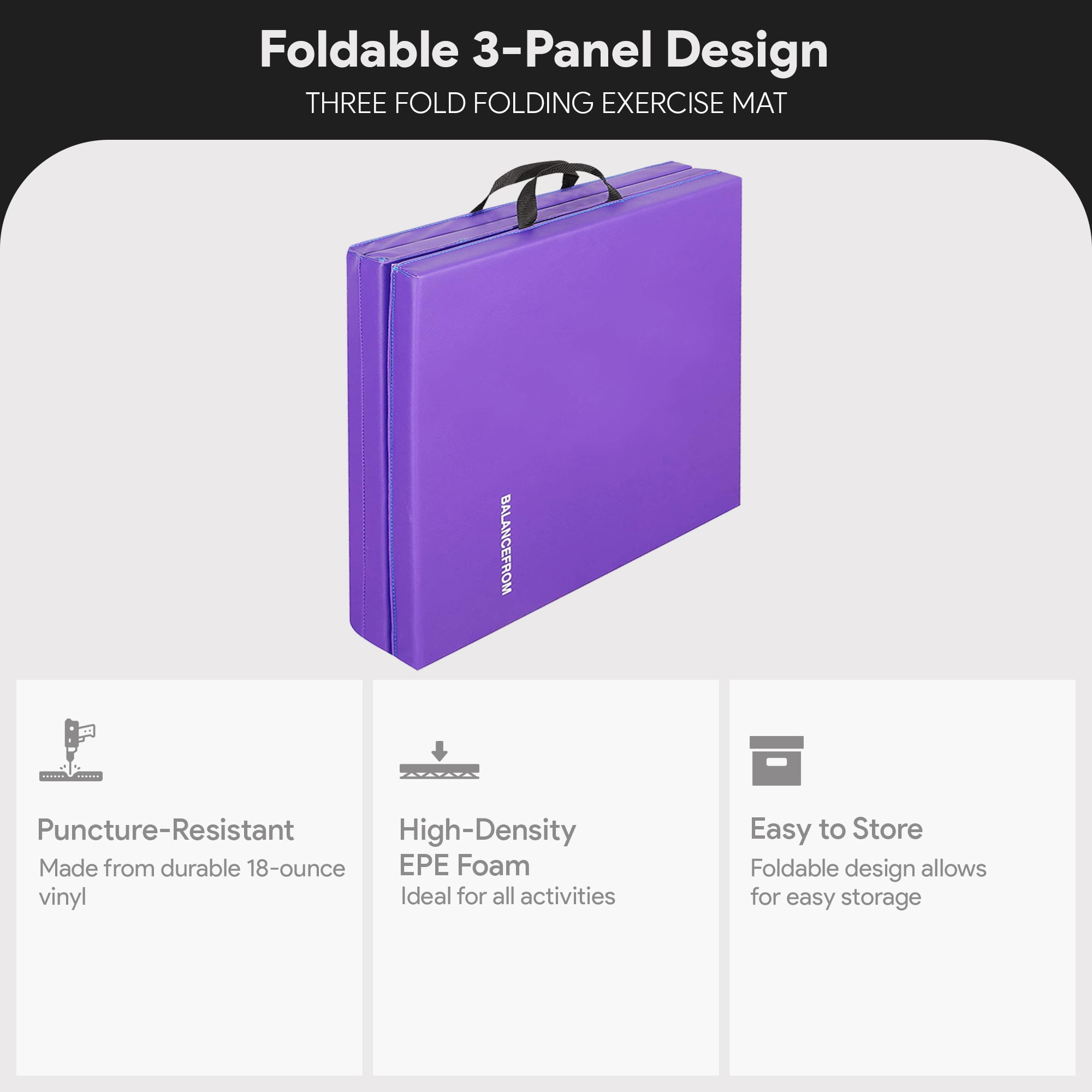 BalanceFrom 6 Ft. x 2 Ft. x 1.5 In. Three Fold Folding Exercise Mat with Carrying Handles for MMA, Gymnastics and Home Gym, Purple