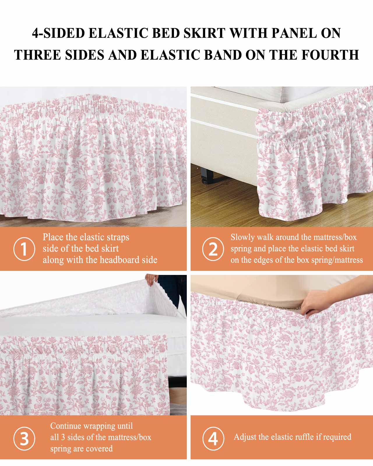 Light Pink Floral Paisley Bed Skirt Queen Size 16" Drop Boho Leaf Vintage Farmhouse Linen Ruffled Wrap Around Bed Skirts Adjustable Elastic Bedskirt Dust Ruffle for Queen Size Bed