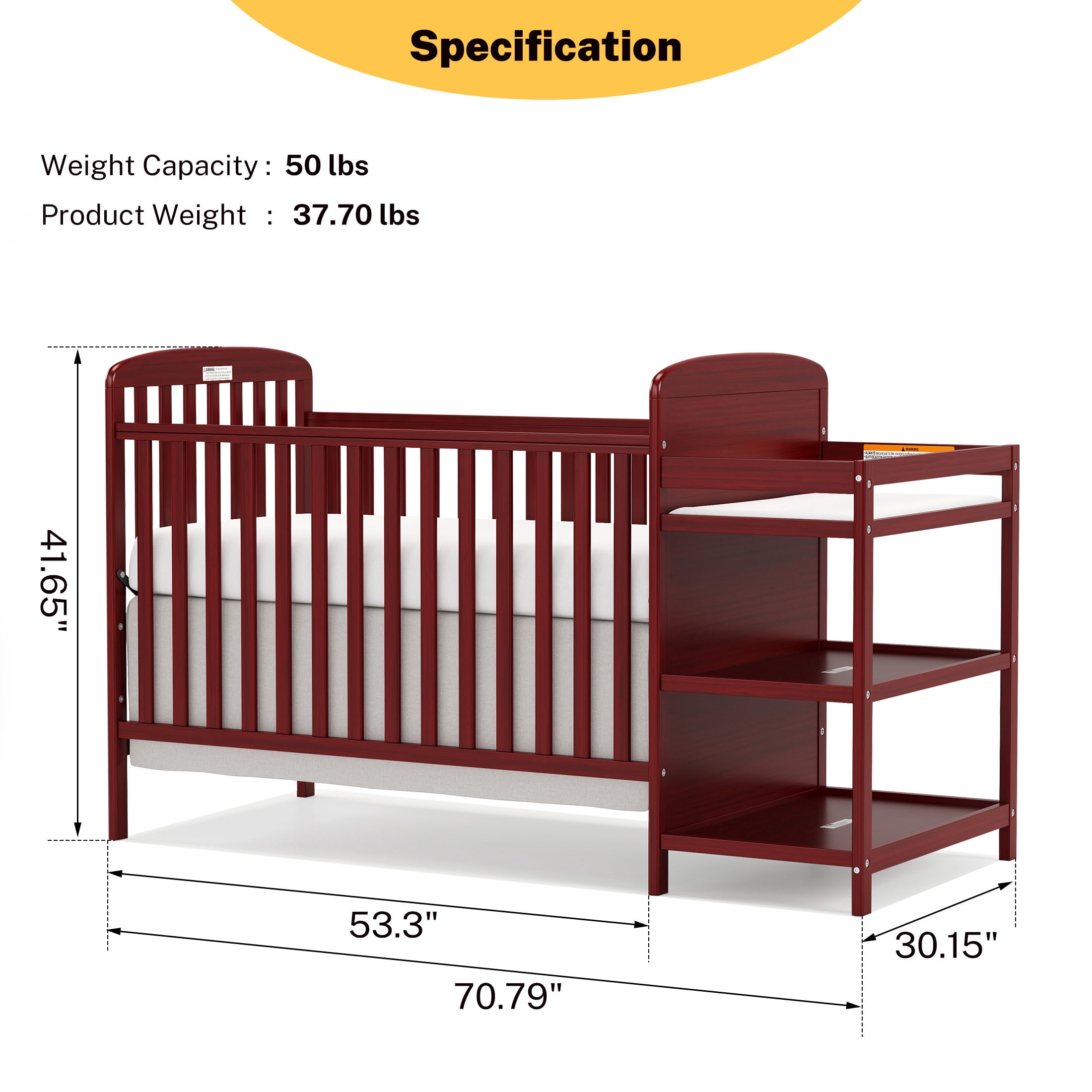 Conchico 3-In-1 Convertible Crib and Detachable Changer, New Zealand Pinewood Baby Crib, Toddler Daybed Bed with 3 Heights, Non-Toxic Finish, Easy to Assemble, Cherry