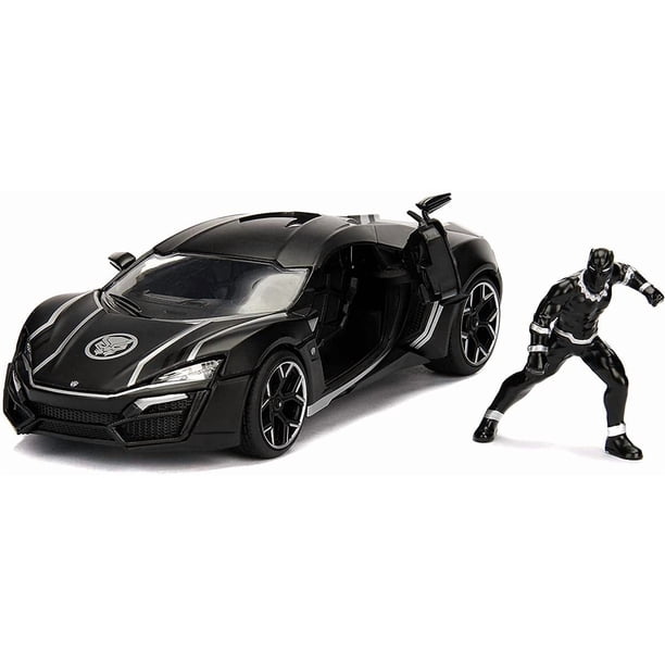 Rubber Marvel Black Panther & Lykan Hypersport Coche fundido a presión, vehículo a escala 1:24 y figura coleccionable de 2,75