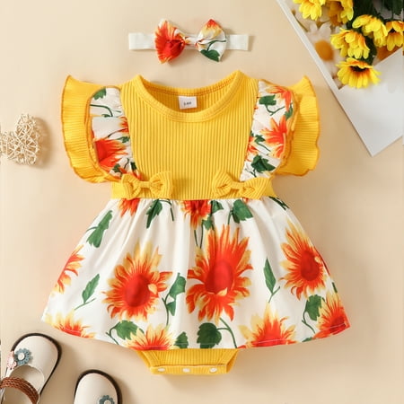 

Lamuusaa Infant Baby Girls Romper Dress Knitted Ribbed Strawberry/Sunflower Print Fly Sleeve Skirt Hem Bodysuits with Bow Headband