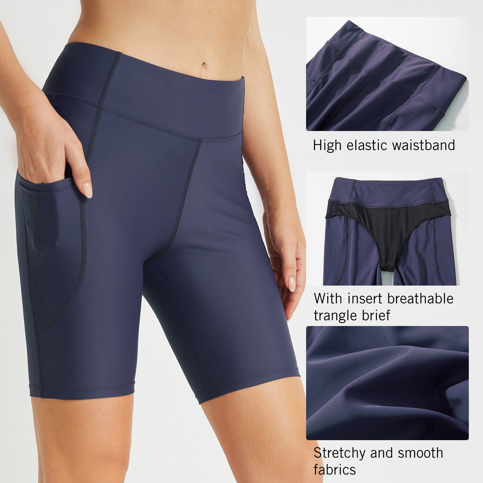 Baleaf Women's 8 High Waisted Swim Shorts Bottoms Tummy Control Rash Guard Shorts with Pockets Long Swimsuits UPF 50+ Navy Blue L