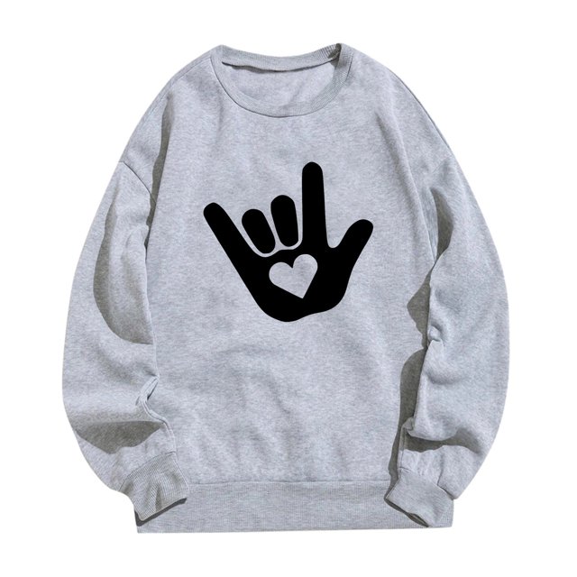 Bmisegm Women Saint-Valentin Simple et à la Mode Je t'Aime Geste Imprimé Col Rond Manches Longues Chandail en Molleton Sans Capuche Décontracté pour Women Gris TTG