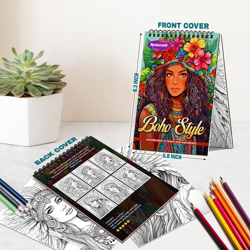 Boho Style Coloring Book Spiral Bound For Adults, A5 Wooden Cover, 30 Beautiful Coloring Pages of Black Women Styling Fashion Trends for Stress Relief and Relaxation