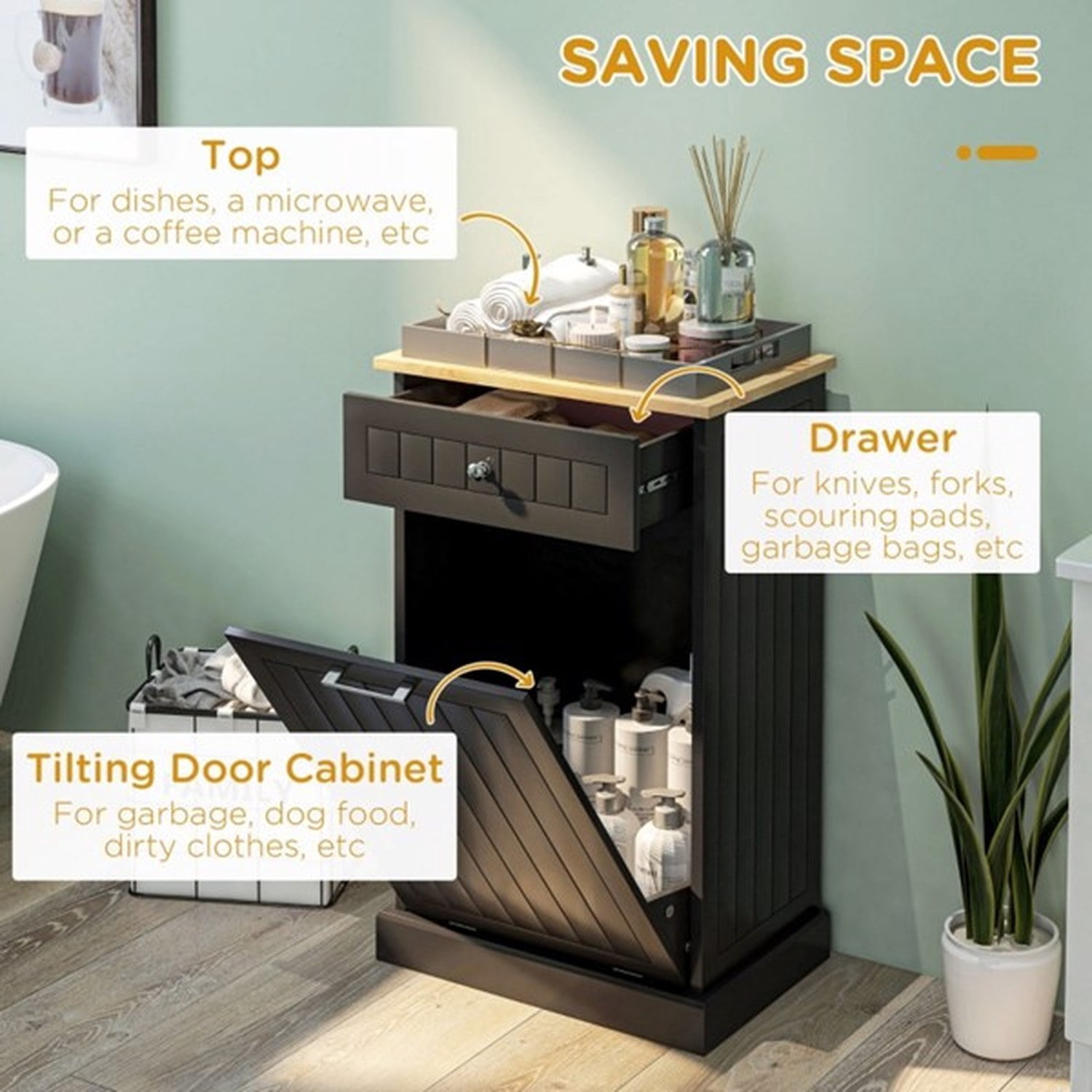 Tilt Out Trash Bin Cabinet with Drawer, Free Standing Recycling Can Holder, MDF and Wood, 20 in W x 13.25 in D x 35.5 in H, for Kitchen, Hallway, Laundry Room